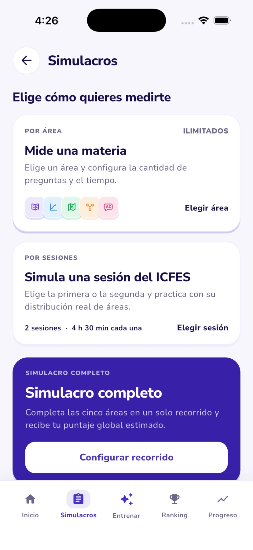 Pantalla de simulacros de Yukiia por área, por sesión y completo